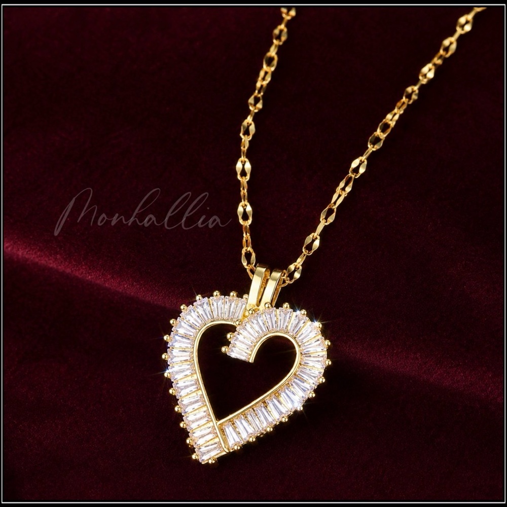 New 14k Gold Heart Simulated Diamond Baguette Statement Pendant Necklace